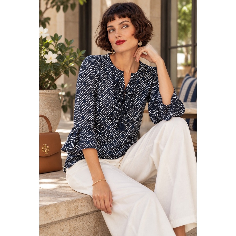 Tory Burch Size 6 Navy Geometric Silk Blend Ruffle Tunic Blouse
